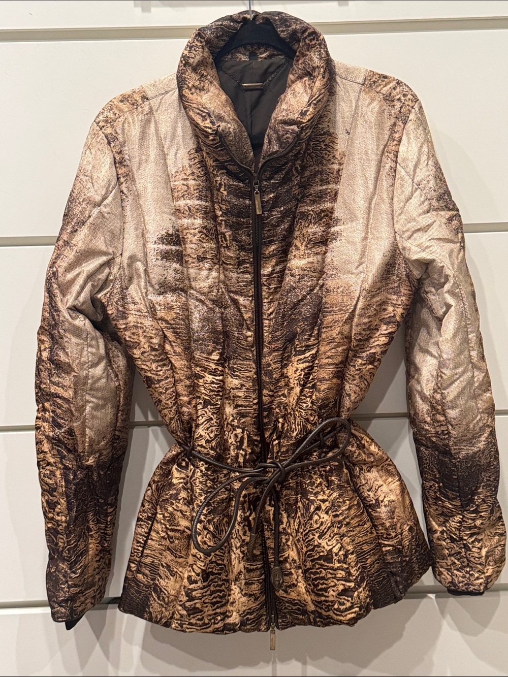 Roberto Cavalli Brown Metallic Quilted Zip-Up Belted Puffer
